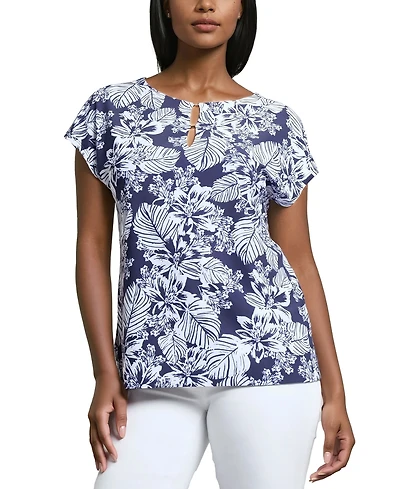 Jones New York Women's Leaf-Print Extended-Shoulder Top