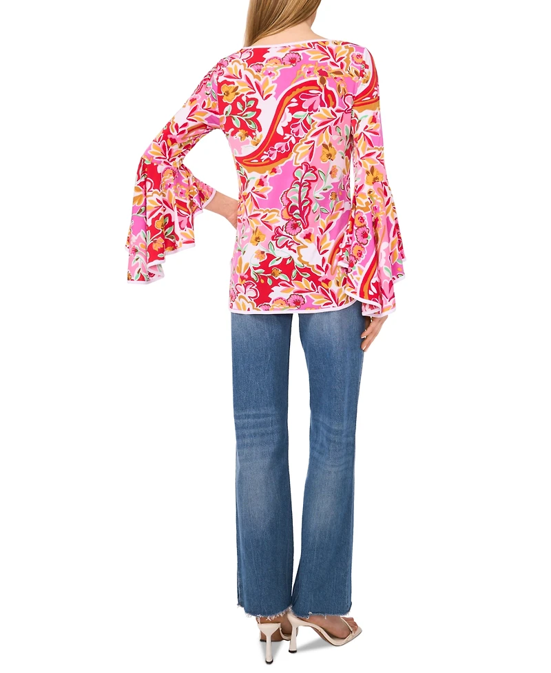Sam & Jess Women's Printed Crewneck 3/4-Bell-Sleeve Blouse