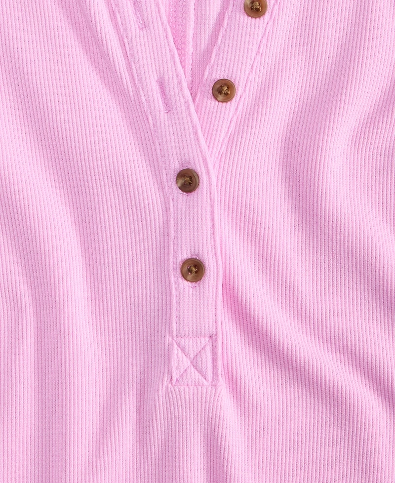 On 34th Women's Roll Cuff Rib-Knit Henley T-Shirt, Exclusively at Macy's