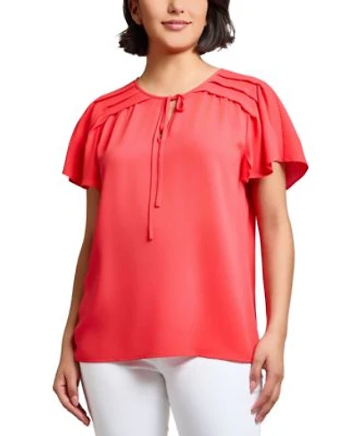 Jones New York Womens Jasper Tie Neck Pleated Shoulder Top