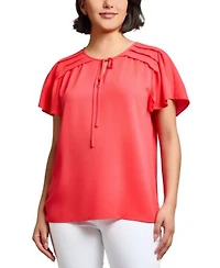 Jones New York Womens Jasper Tie Neck Pleated Shoulder Top