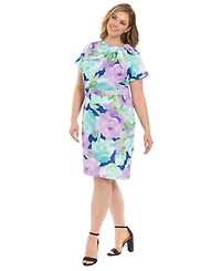 London Times Plus Floral-Print Tie-Neck Sheath Dress