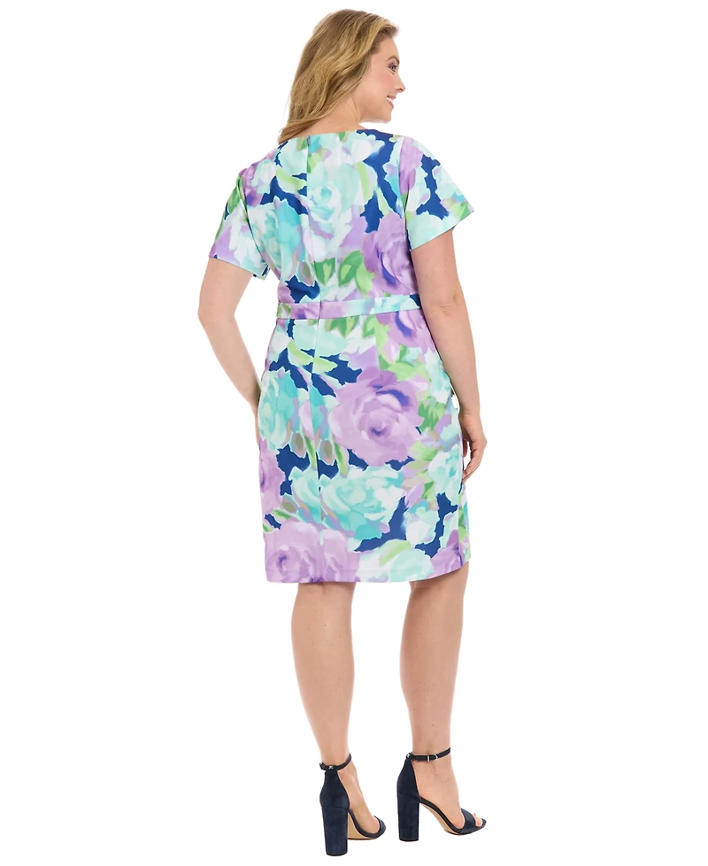 London Times Plus Floral-Print Tie-Neck Sheath Dress
