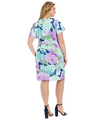 London Times Plus Floral-Print Tie-Neck Sheath Dress