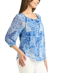 Bcx Juniors' Printed-Mesh Peasant 3/4-Sleeve Top