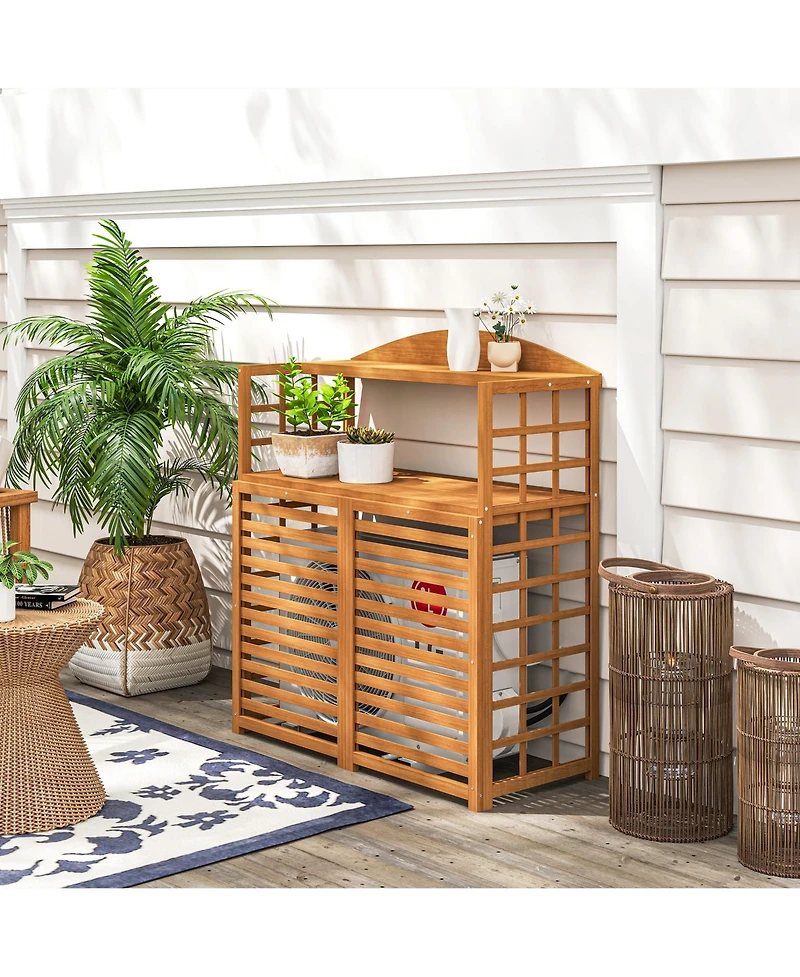 Outsunny Wood Air Conditioner Fence Privacy Screen Potting Table w/ Shelves