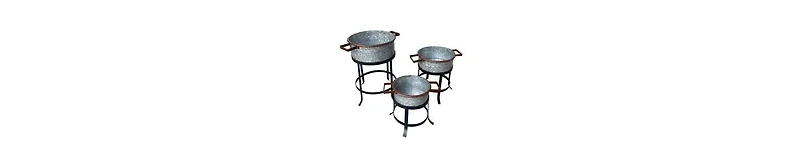 3-Piece Galvanized Metal Planter Set – Round Tub Design with Iron Stands