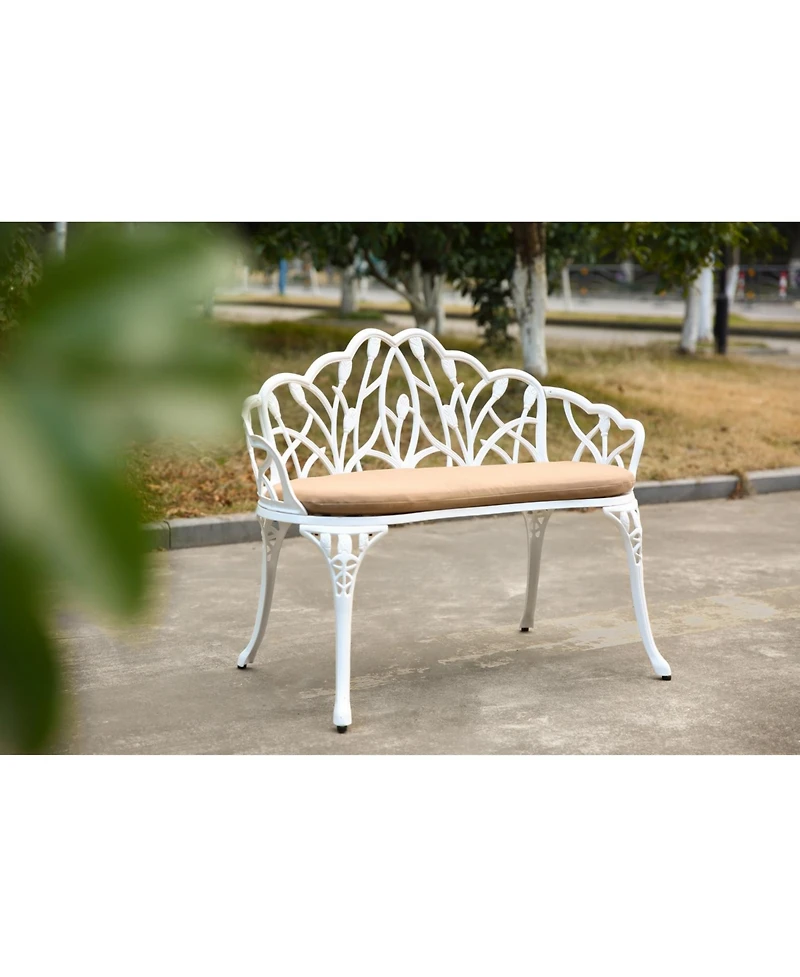 Streamdale Tulip Patio Bench, Metal, Cast Aluminum, Floral Rose, Cushion