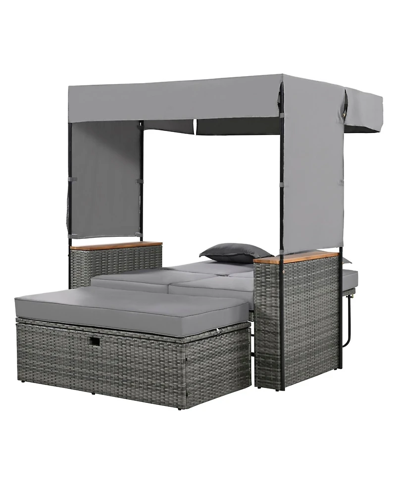 Streamdale 2-Piece Outdoor Rattan Daybed, Loveseat Sofa with Bench, Lounge Roof, Cushions (Grey)