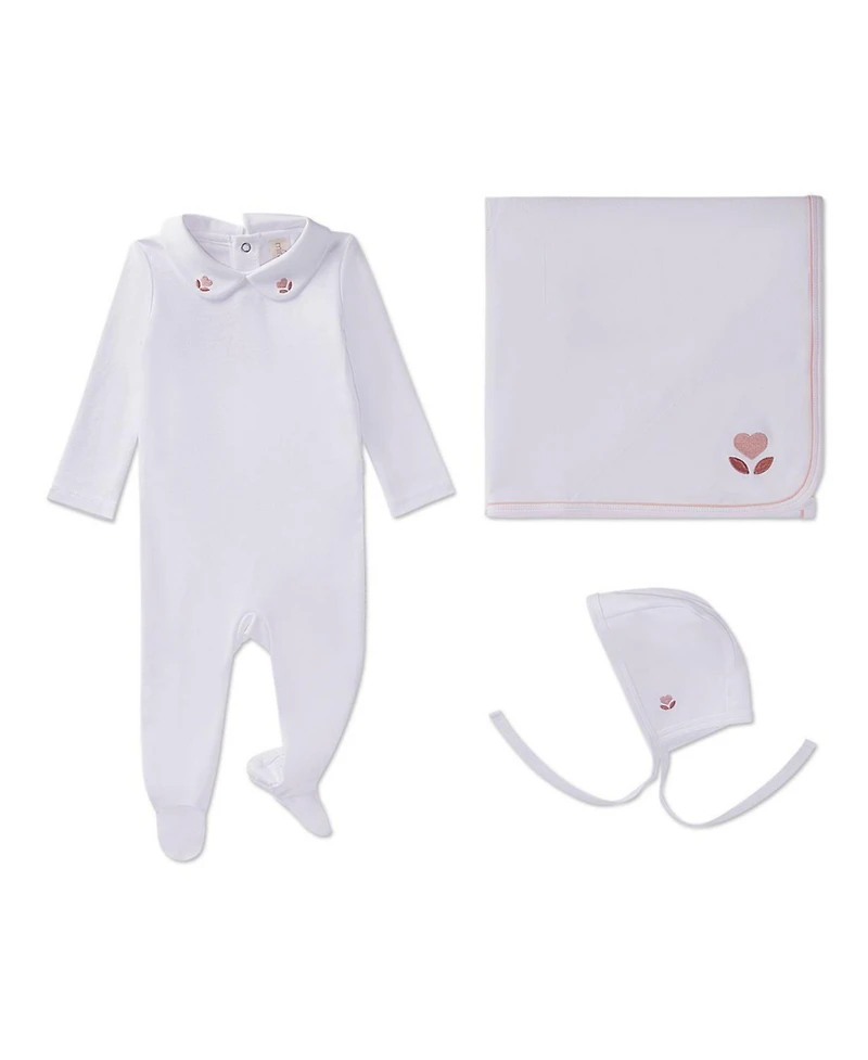 MeMoi Baby Girls 3 Piece 100% Pima Footie Set with Peter Pan Collar and Embroidered Hearts