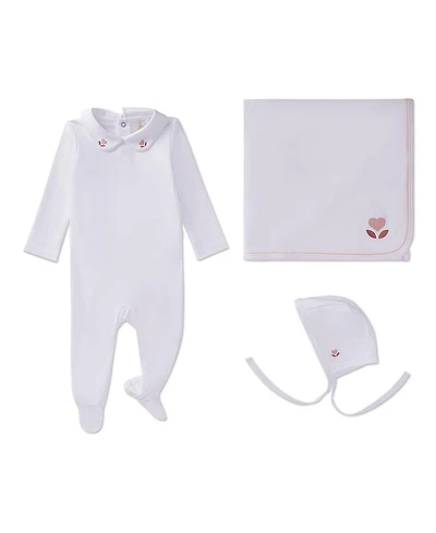 MeMoi Baby Girls 3 Piece 100% Pima Footie Set with Peter Pan Collar and Embroidered Hearts