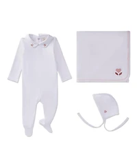 MeMoi Baby Girls 3 Piece 100% Pima Footie Set with Peter Pan Collar and Embroidered Hearts