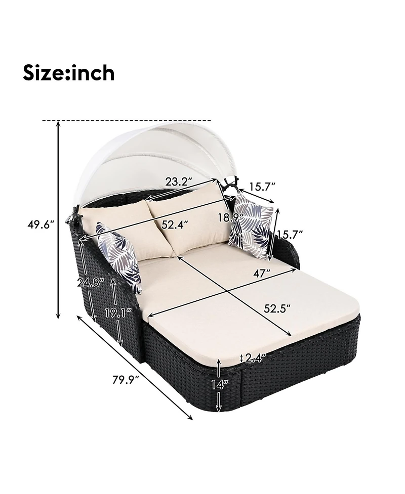 Streamdale 79,9" Outdoor Sunbed, Adjustable Canopy, Double Lounge, Black Wicker