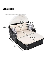 Streamdale 79,9" Outdoor Sunbed, Adjustable Canopy, Double Lounge, Black Wicker