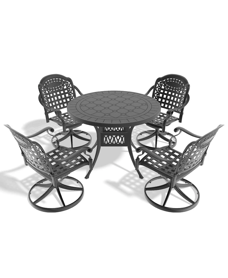 Streamdale 5-pc Cast Aluminum Dining Set, 4 Swivel Chairs, 39" Round Table, Black Frame