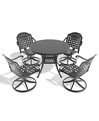 Streamdale 5-pc Cast Aluminum Dining Set, 4 Swivel Chairs, 39" Round Table, Black Frame
