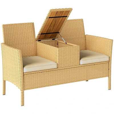 Outsunny Rat Patio Loveseat Wicker Sofa with Built-in Table