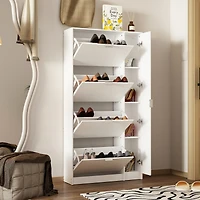 4-tier chest of drawers with metal handles and a side cabinet, white wooden shoe rack with adjustable partitions, mirrored doors