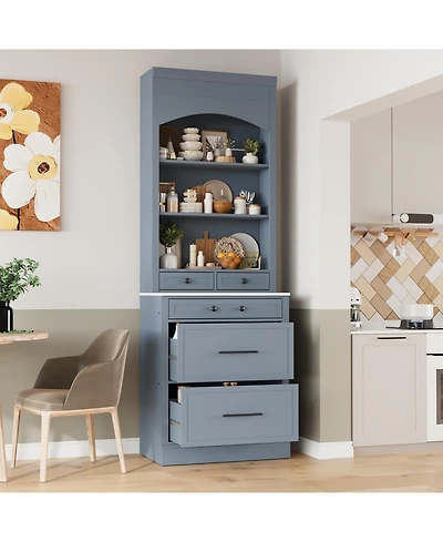 Streamdale 83" Freestanding Kitchen Pantry with Faux Marble Top & 5 Drawers, Gray