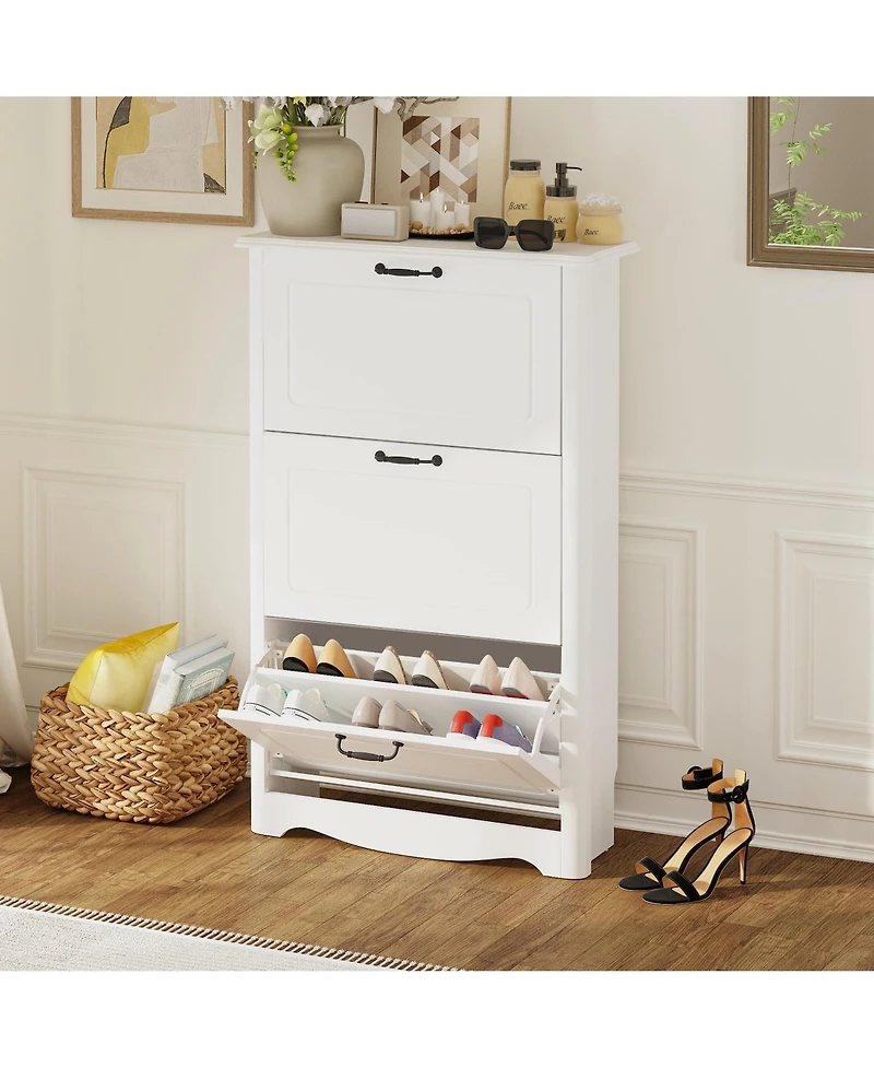 Wooden 3-door natural shoe cabinet, multi-purpose shoe rack with adjustable shelves,white