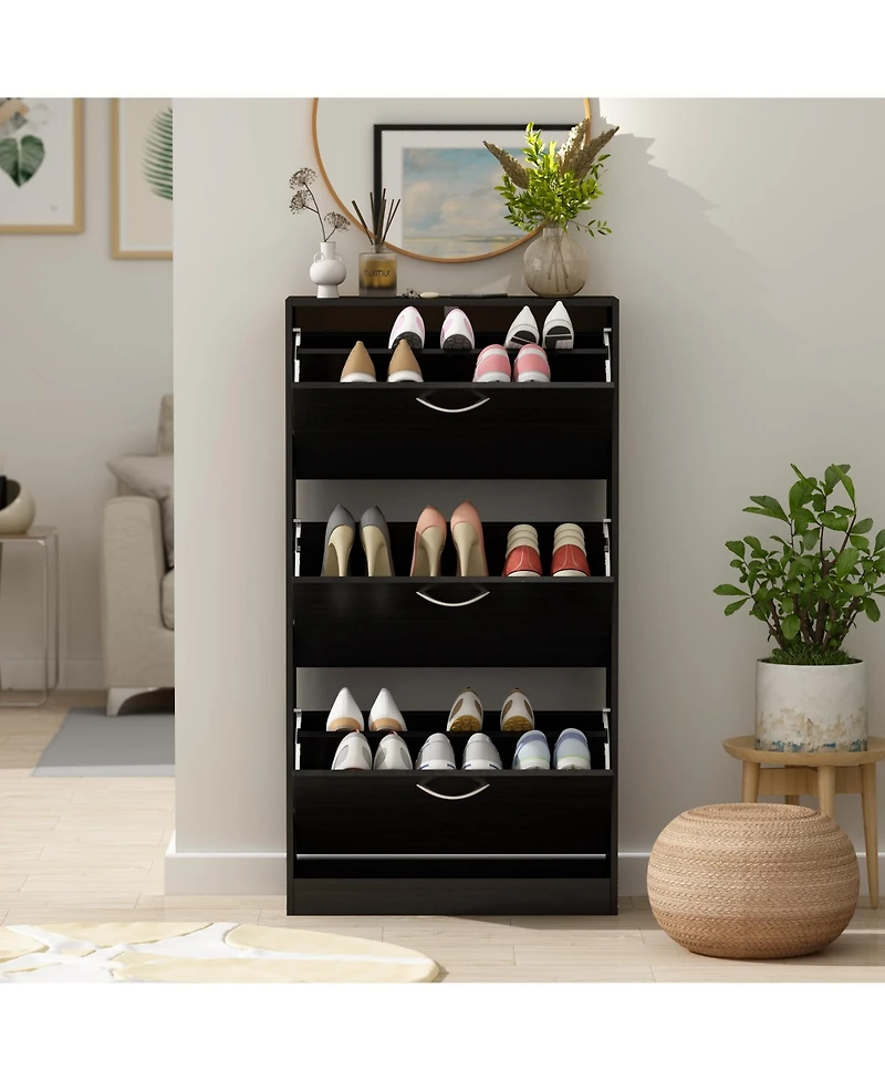 Wooden 3-door white shoe cabinet, shutter door drawers