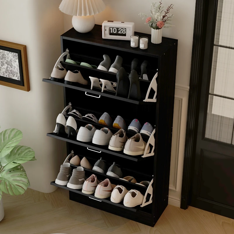 Wooden 3-door white shoe cabinet, shutter door drawers