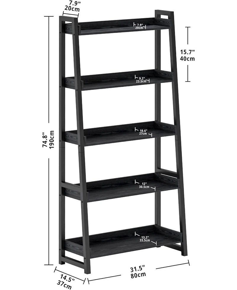 Industrial Bookshelf 5-Tier 31.5 in Wide, Bookcase Ladder Shelf