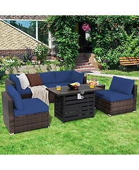 Gymax 7PCS Patio Rattan Furniture Set 42'' Fire Pit Table w/ Cover Cushioned