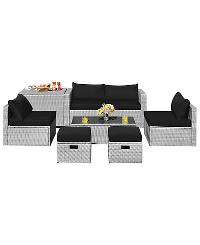 Gymax 8PCS Rattan Patio Space-Saving Furniture Set w/ Waterproof Cover & Cushions