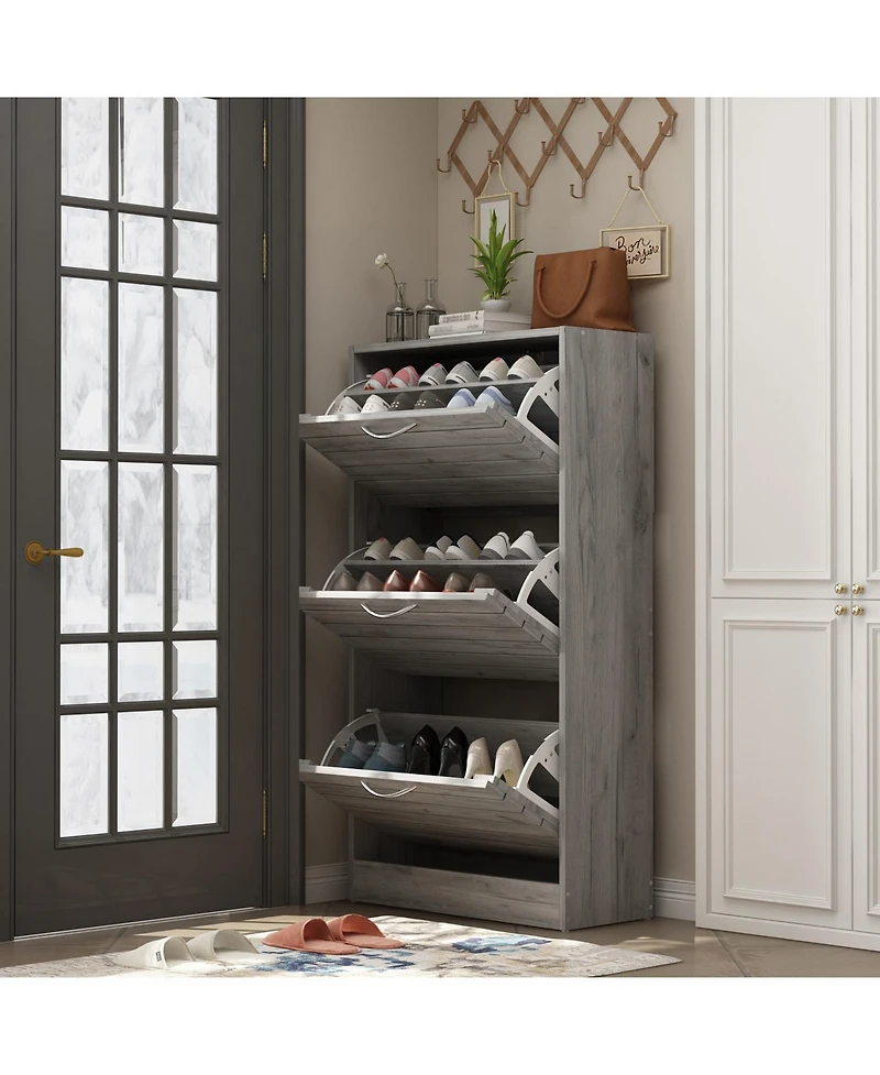 Wooden 3-door shoe cabinet, shutter door drawers