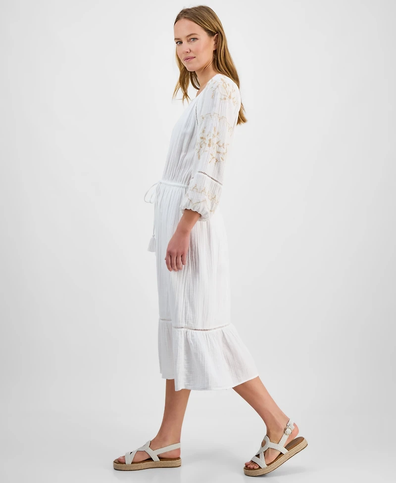 Style & Co Petite Cotton Embroidered Ladder-Trim Midi Dress, Exclusively at Macy's