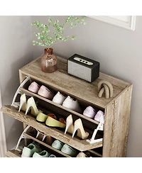 the yellow 2-door wooden shoe cabinet and fashionable shutter door design, sturdy durable, efficient stored, enhance aesthetics of
