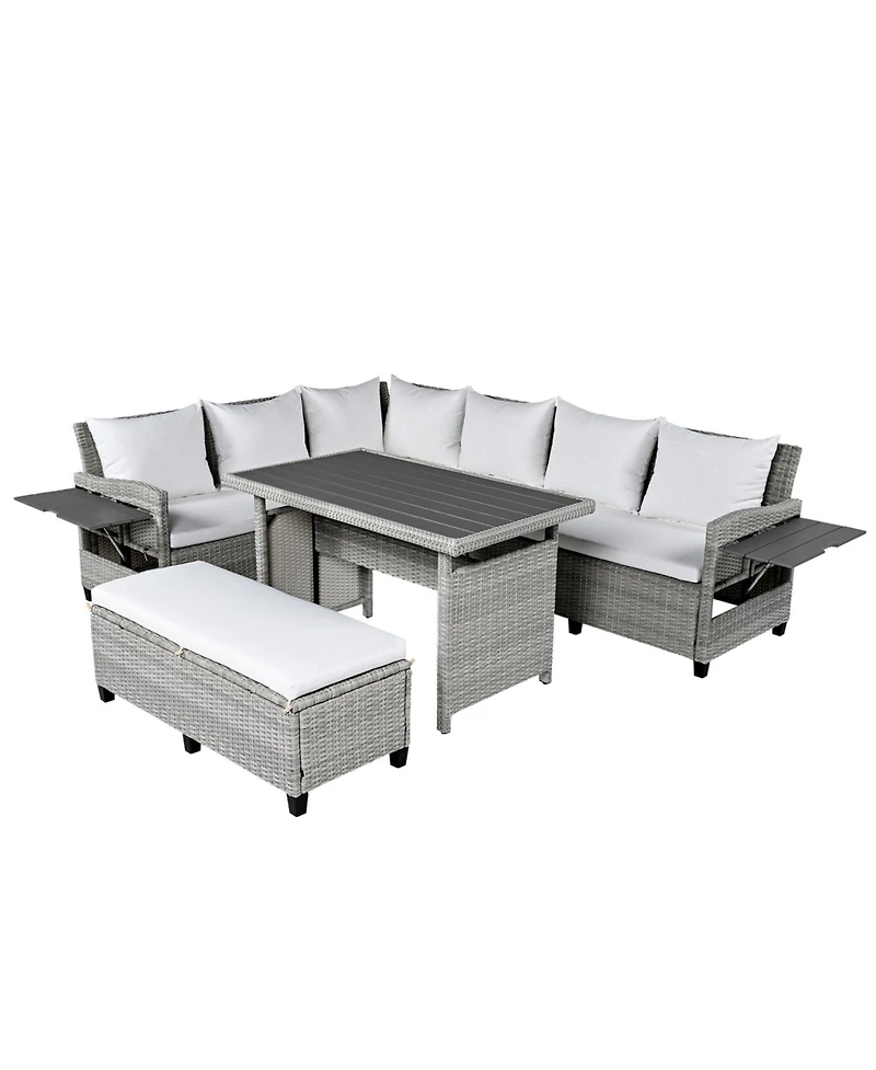 Streamdale 5-Piece Patio Rattan Sofa Set, L-Shape, Extendable Tables, Washable Covers, White