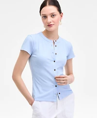 On 34th Women's Rib-Knit Short-Sleeve Button Front Top