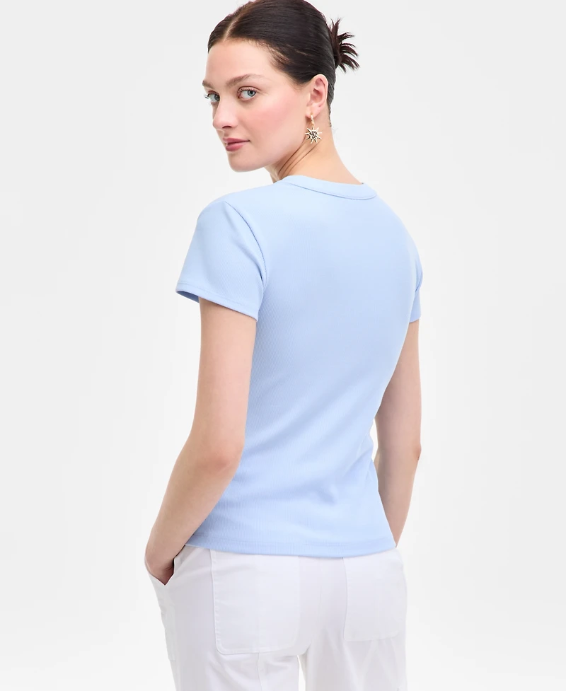 On 34th Women's Rib-Knit Short-Sleeve Button Front Top