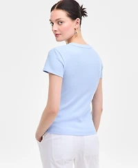 On 34th Women's Rib-Knit Short-Sleeve Button Front Top