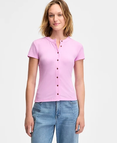 On 34th Women's Rib-Knit Short-Sleeve Button Front Top, Exclusively at Macy's