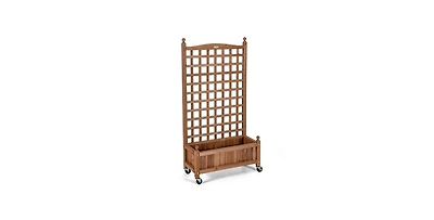 Outdoor Solid Wood Raised Garden Bed Mobile Planter Box with Trellis on Wheels