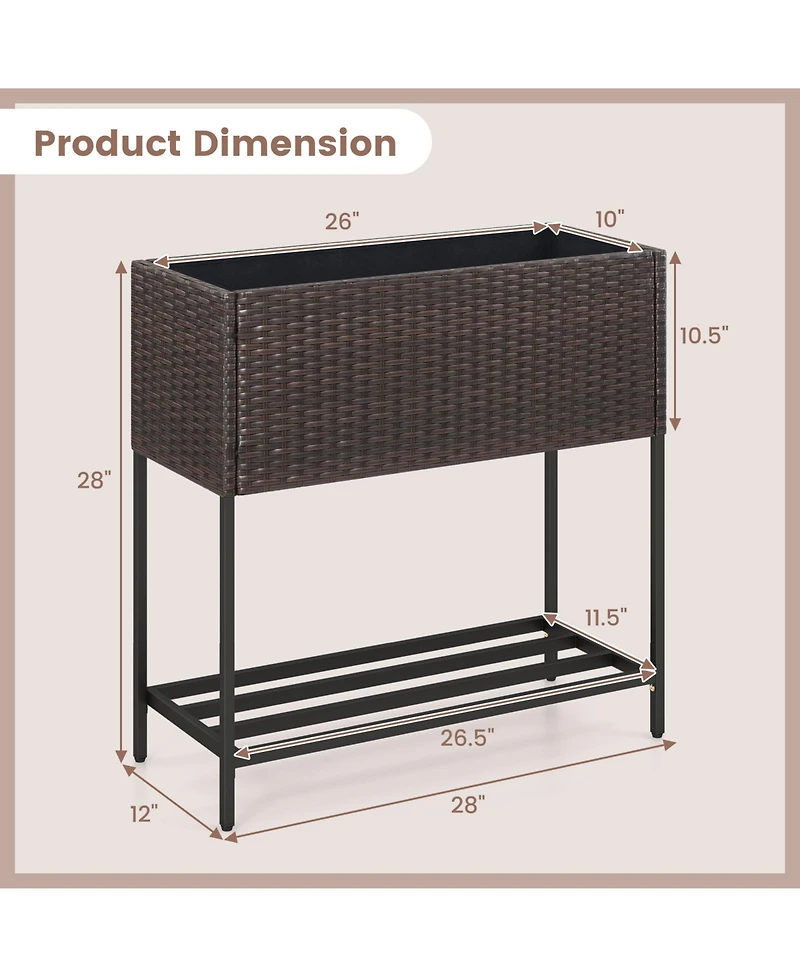 Wicker Raised Garden Bed with Storage Shelf and Removable Liner for Flowers