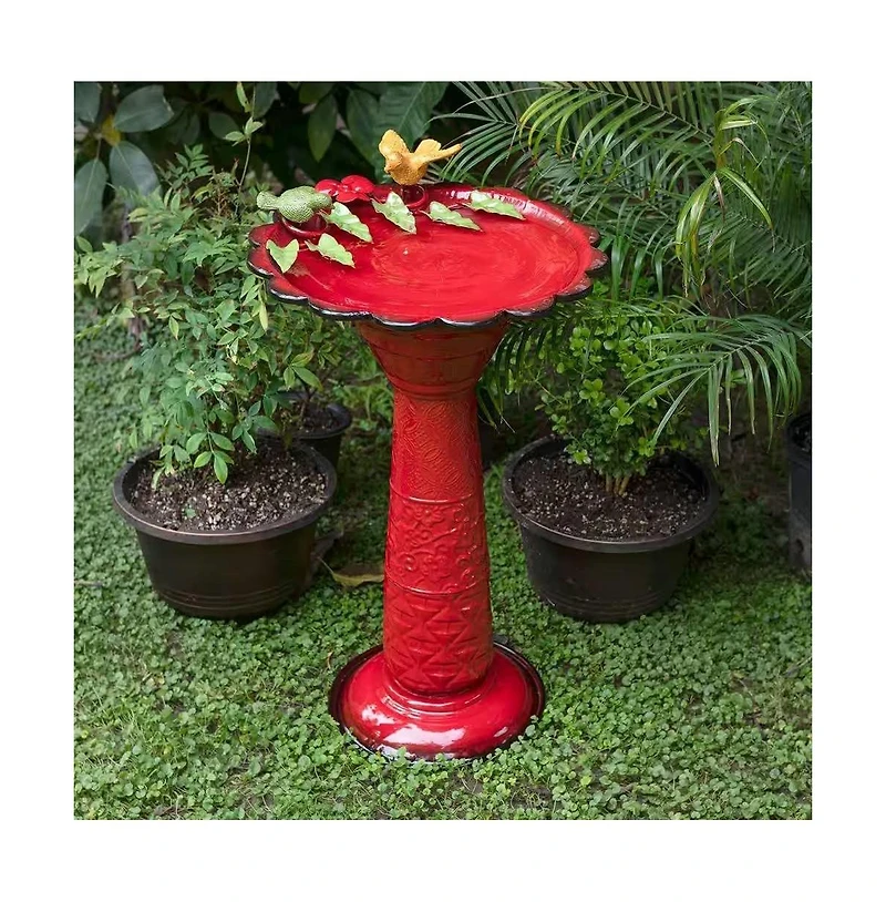 Metal Outdoor Garden Birdbath with Decorative Bird and Leaf Figurines for Patio Decor