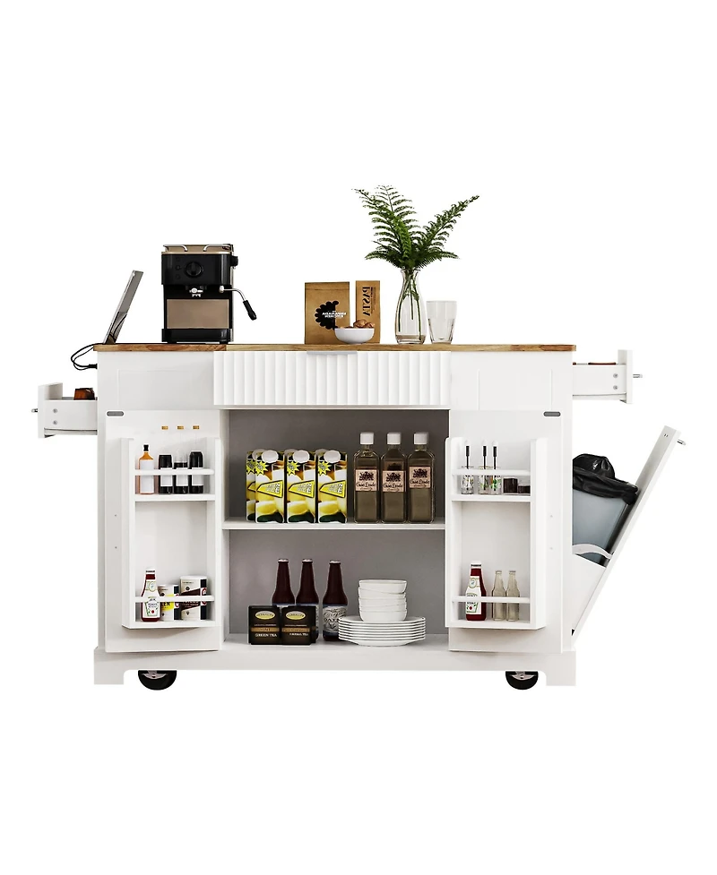 Streamdale Fluted Kitchen Island with Trash Storage, Outlets, Internal Rack, and Rollers