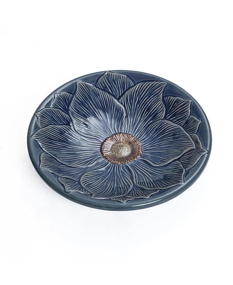 LuxenHome Blue Petals and Vines 22-Inch Tall Ceramic Birdbath