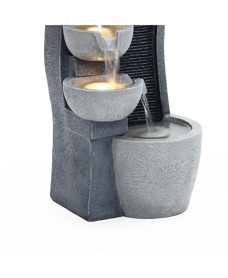 LuxenHome 5-Bowl Multi-Gray Modern Sculpture 26-Inch Tall Resin Fountain with Lights