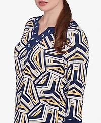 Alfred Dunner Women's Block Island Geometric Grommet Trim Top