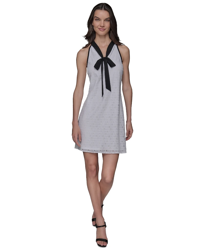 Karl Lagerfeld Paris Women's Geo-Lace Tie-Neck Shift Dress