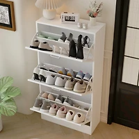 Wooden 3-door white shoe cabinet, shutter door drawers