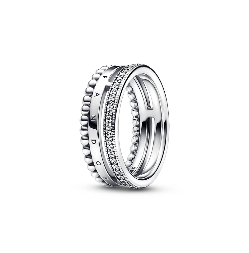 Pandora Sterling Silver Signature Logo Pave and Beads Ring