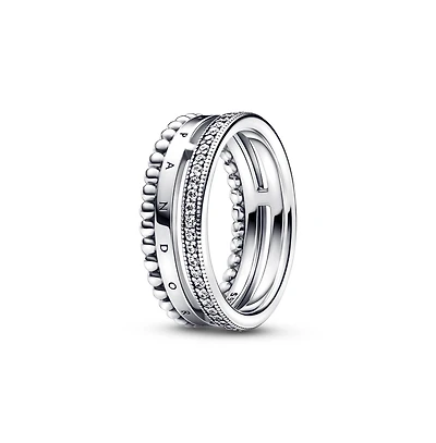 Pandora Sterling Silver Signature Logo Pave and Beads Ring