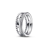 Pandora Sterling Silver Signature Logo Pave and Beads Ring