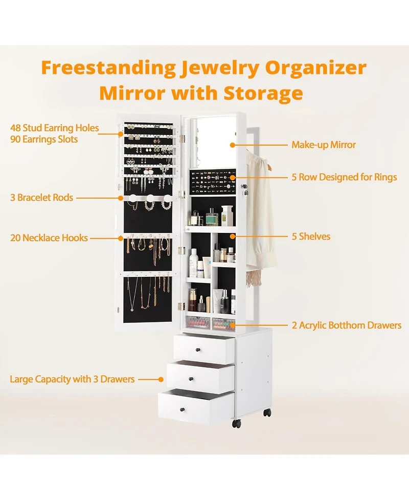 Jewelry Cabinet with 3 Drawers, Lockable Standing Jewelry Armoire